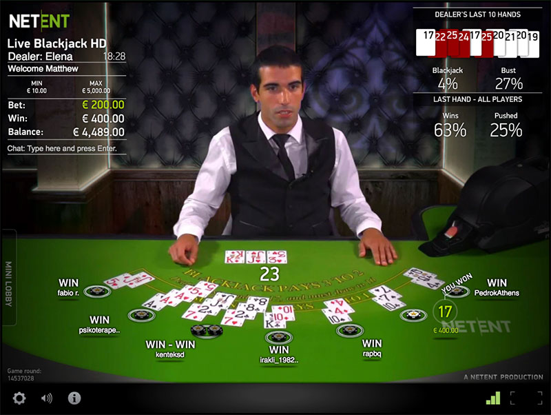 Live blackjack screenshot