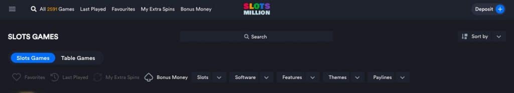 SlotsMillion's Games Filter