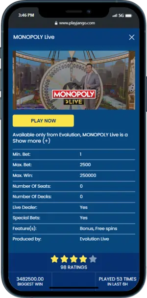 Monopoly Live casino game at PlayJango