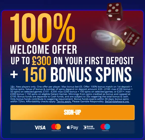 Dream Vegas welcome offer up to £300 + 150 bonus spins on first deposit